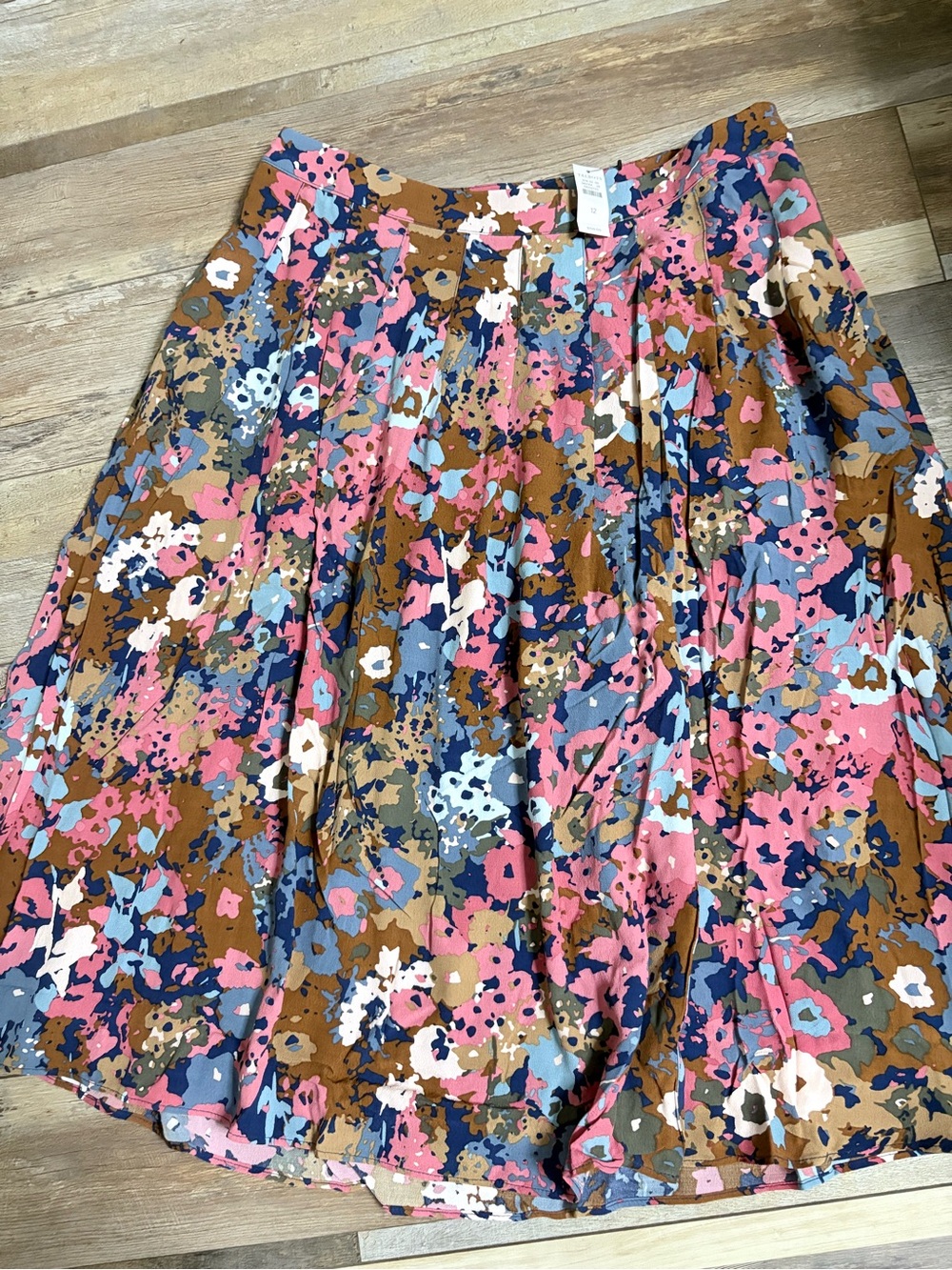 Talbots Floral Paint-Splash Midi Skirt in Pink, Blue & Brown
